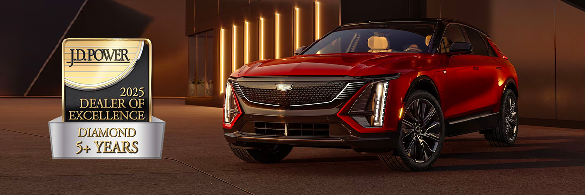 2024 Cadillac Lyrics front 3/4 shot with J.D. Power 2025 Dealer of Excellence Diamond 5+ Years Award